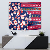 Blue Christmas tapestry featuring Santa figures, candy canes, and red reindeer stripe patterns.