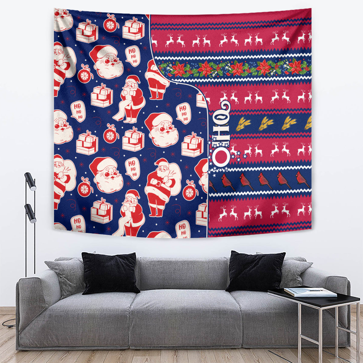 Blue Christmas tapestry with Santa and elves, with red reindeer silhouette bands and Nordic motifs.