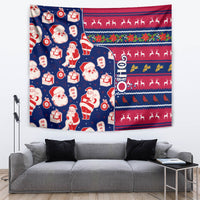 Blue Christmas tapestry with Santa and elves, with red reindeer silhouette bands and Nordic motifs.