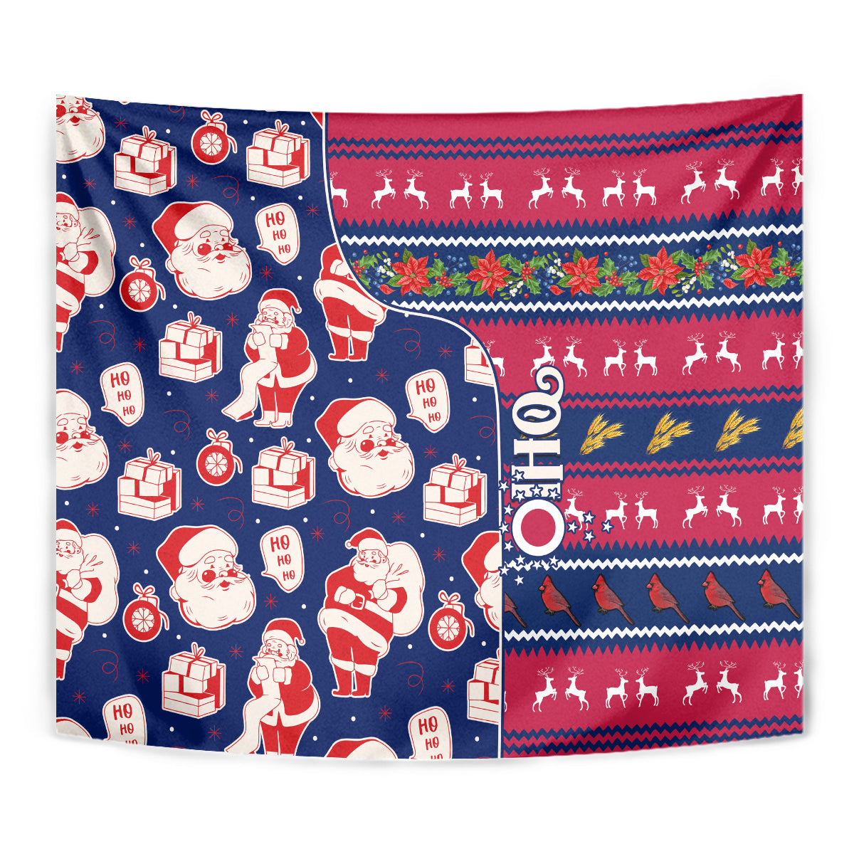 Blue Christmas tapestry close-up with Santa, gifts, and red striped reindeer silhouette pattern.