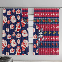 Blue and red holiday window curtain with Santa, gifts, and reindeer pattern