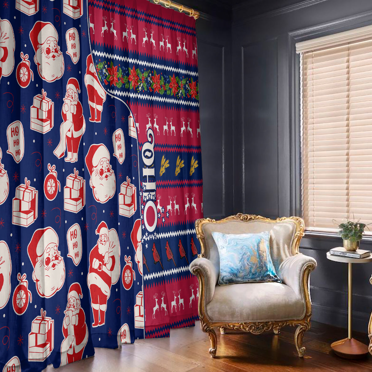 Blue and red festive window curtain featuring Santa figures and gift icons