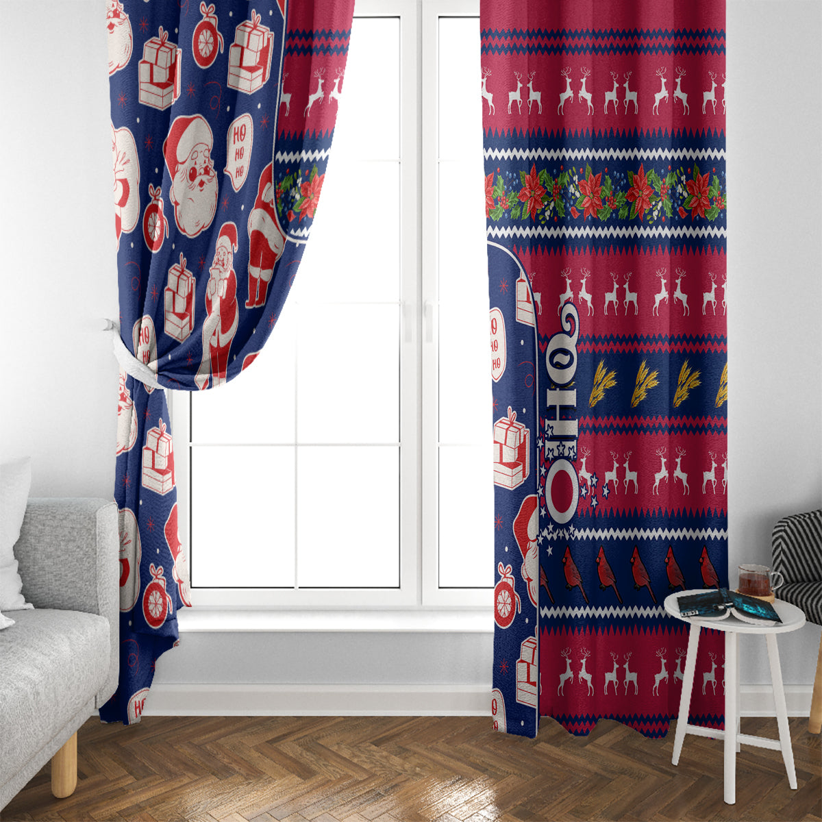 Blue and red Christmas window curtain panels with Santa and reindeer silhouettes