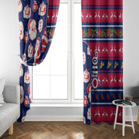 Blue and red Christmas window curtain panels with Santa and reindeer silhouettes