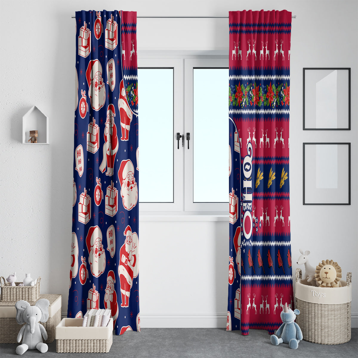 Set of blue and red holiday curtains with Santa, gifts, and striped decorative band
