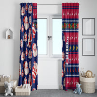Set of blue and red holiday curtains with Santa, gifts, and striped decorative band