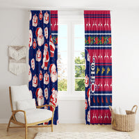 Blue and red Christmas curtain panels with Santa, nutcracker-style figure, and gifts
