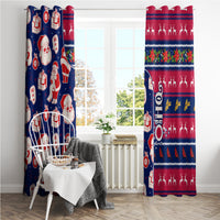 Blue and red window curtain panels with Santa, gifts, and festive striped border
