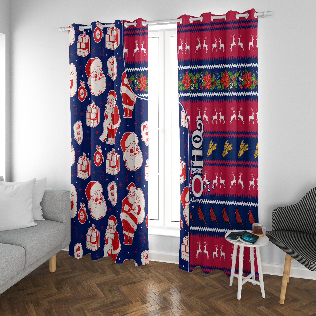 Blue and red holiday curtains with Santa characters and gift boxes