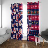 Blue and red holiday curtains with Santa characters and gift boxes