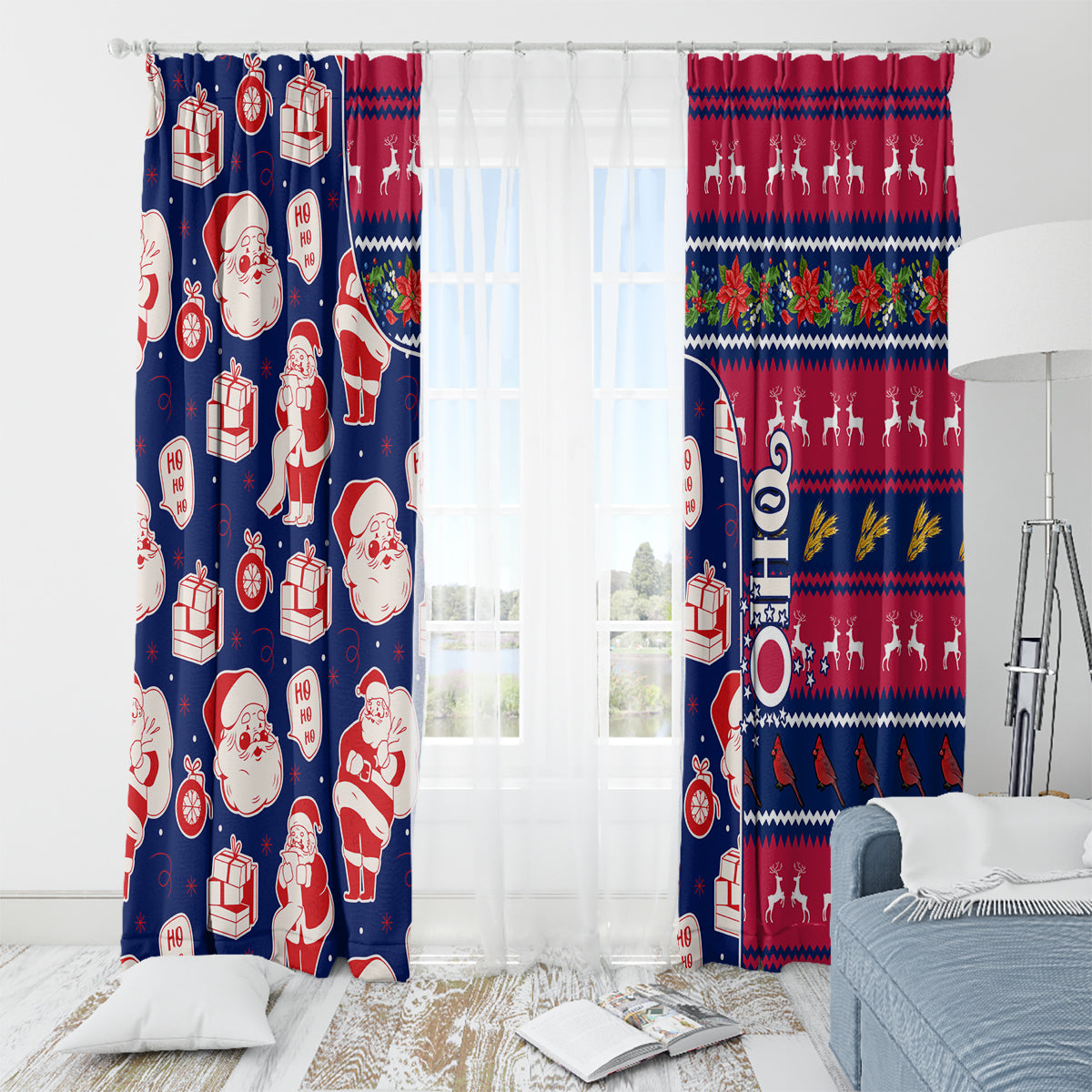 Blue and red Christmas window curtains with Santa, reindeer, and gift pattern