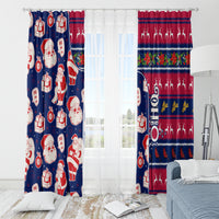 Blue and red Christmas window curtains with Santa, reindeer, and gift pattern