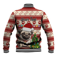 Red baseball jacket back with pug and 'Your Text' lettering, Santa hat, paw prints