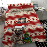 Red Christmas dog bedding set with pug under Merry Christmas banner and decorated tree