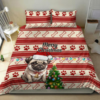 Red Christmas dog bedding set with pug in santa hat, paw prints, bones, and Merry Christmas