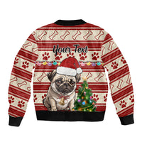 Red dog Christmas bomber jacket back with Your Text and pug holiday tree