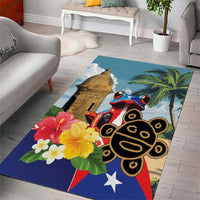 Blue rectangular area rug with coqui frog, El Morro silhouette, palm fronds, flowers, and stars