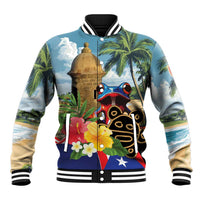 Multicolor baseball jacket with striped ribbed collar and cuffs, graphic front