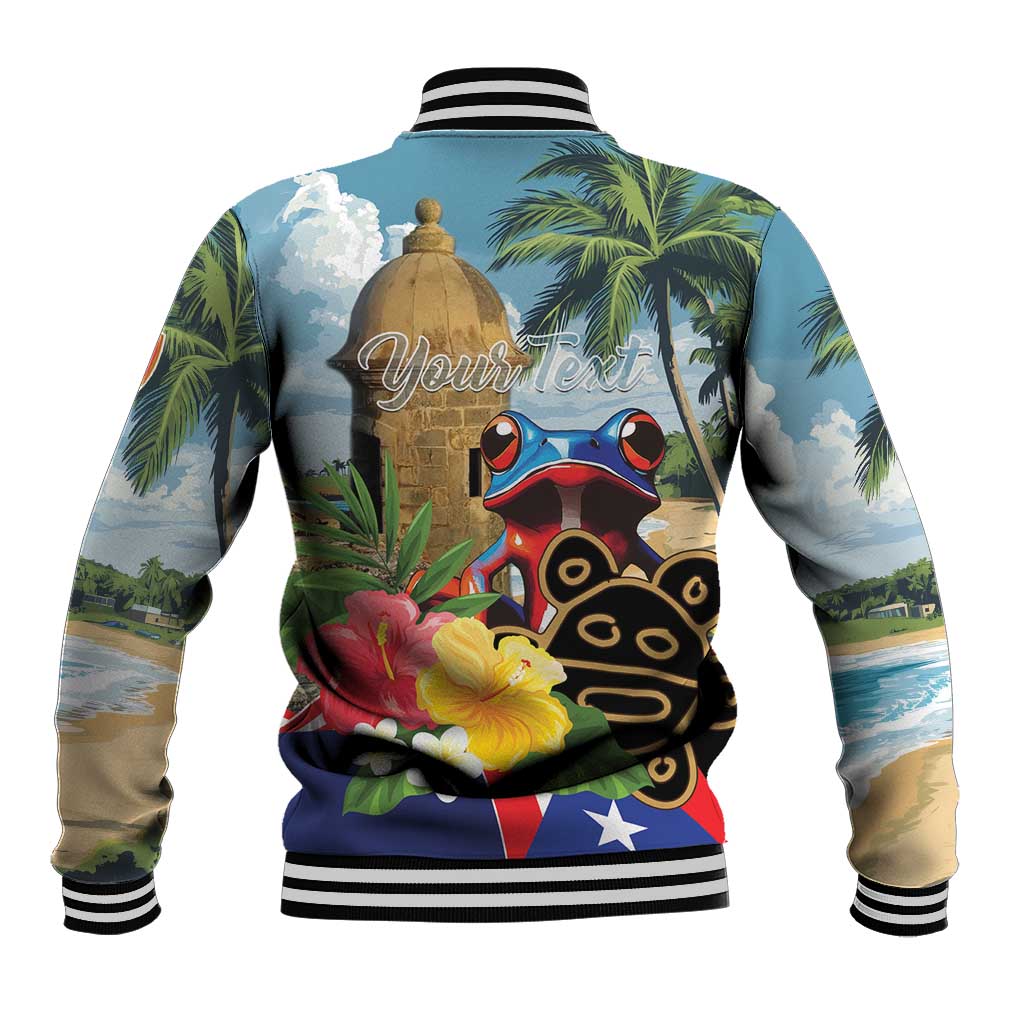 Multicolor baseball jacket with striped collar and back 'Your Text' graphic