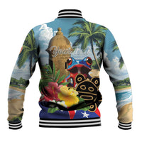Multicolor baseball jacket with striped collar and back 'Your Text' graphic