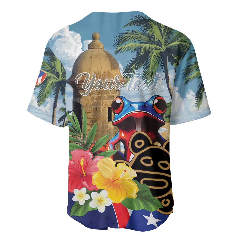 Blue baseball jersey back with “Your Text” script, El Morro dome, frog face and flowers