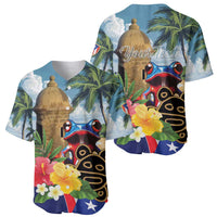 Tropical baseball jersey set in blue with El Morro dome, palm trees, and colorful floral graphics