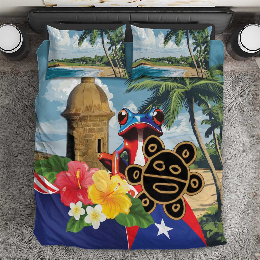 Colorful bedding set with koqui frog and El Morro-style tower, palm trees and flowers