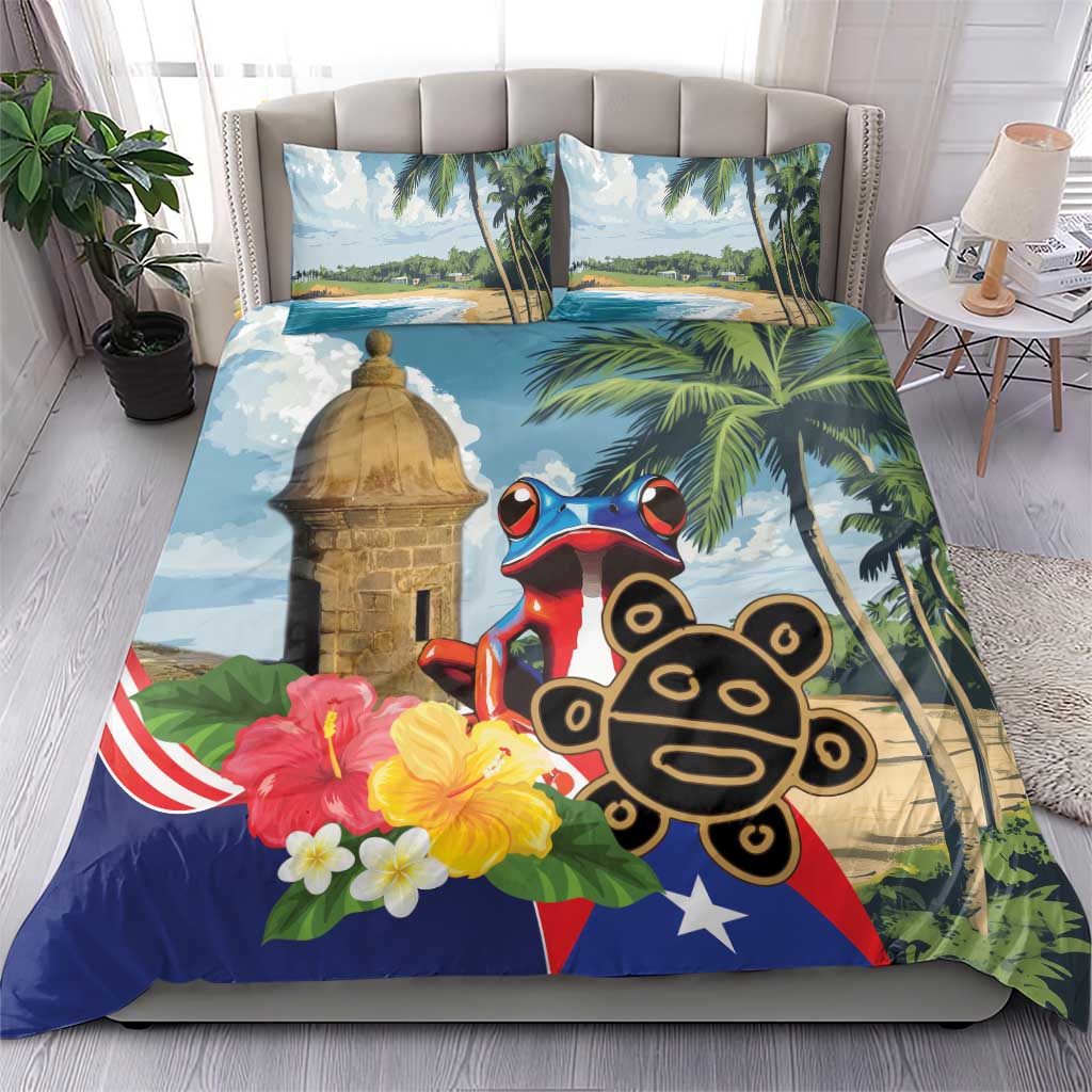 Bedding set with koqui frog, El Morro tower, tropical palms, flowers; includes two pillowcases