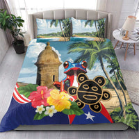 Bedding set with koqui frog, El Morro tower, tropical palms, flowers; includes two pillowcases