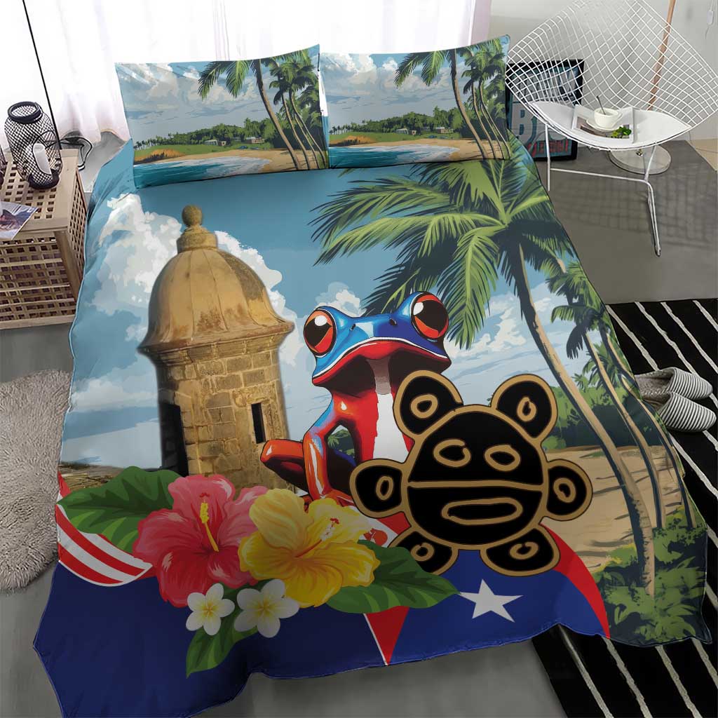 Bedding set with koqui frog, El Morro dome tower, palm fronds, hibiscus flowers; two pillows