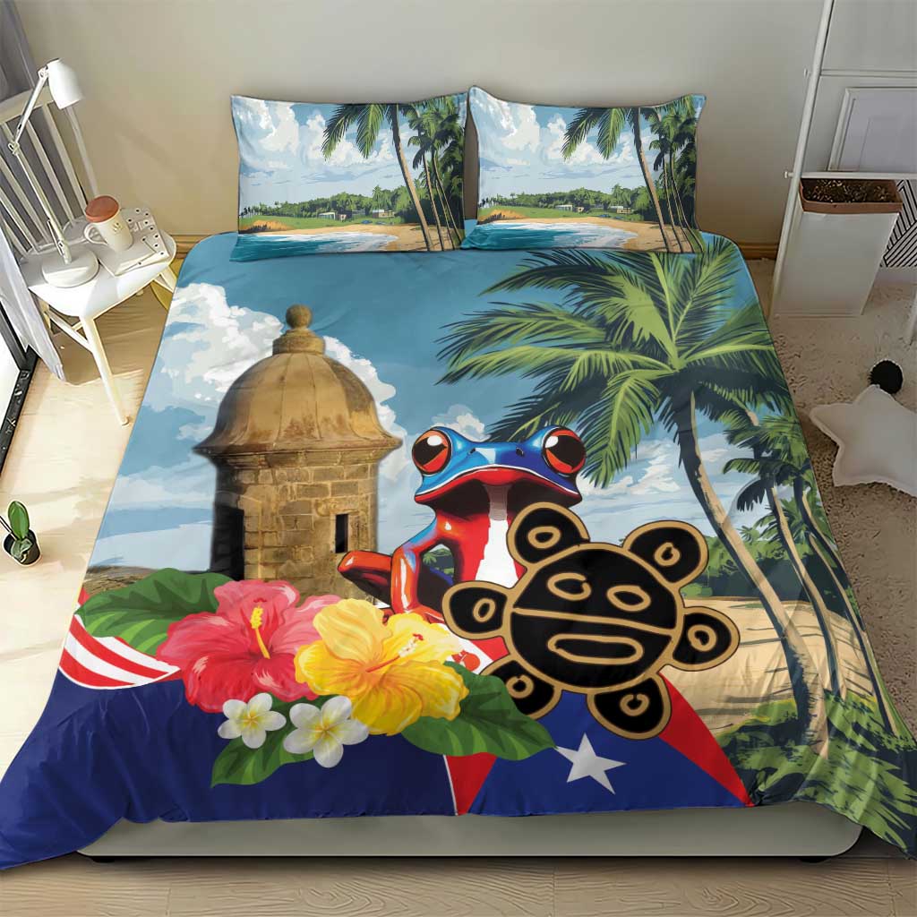 Colorful duvet bedding set with koqui frog and El Morro tower, palm trees, flowers, star
