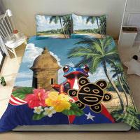 Colorful duvet bedding set with koqui frog and El Morro tower, palm trees, flowers, star
