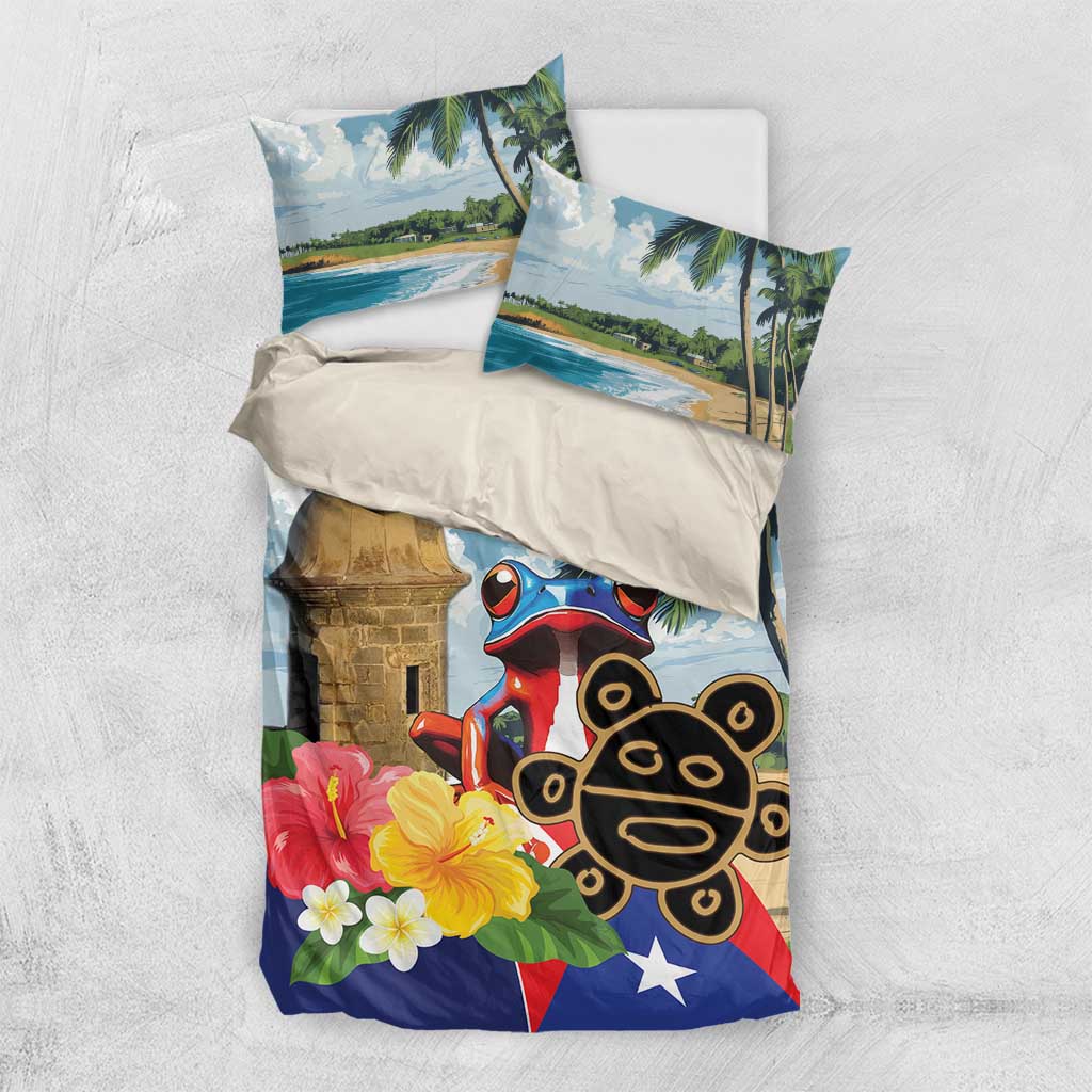 Bedding set with duvet and two pillowcases featuring koqui frog, El Morro tower, palms