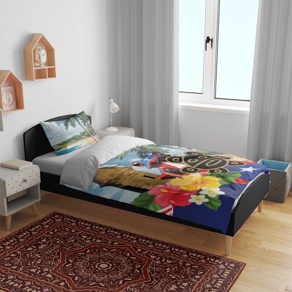 Bedding set with koqui frog and El Morro dome tower on tropical scene; quilt with pillow