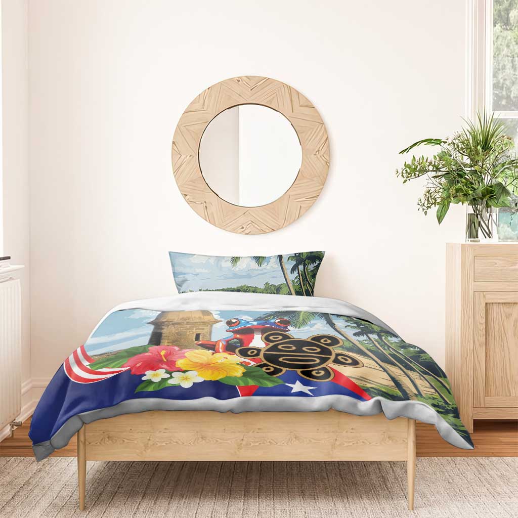 Bedding set with koqui frog, El Morro tower, palm trees and Puerto Rico flag colors