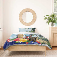 Bedding set with koqui frog, El Morro tower, palm trees and Puerto Rico flag colors