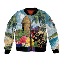 Colorful tropical bomber jacket with front zipper and coqui lizard graphic, black trim