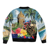 Colorful tropical bomber jacket back with 'Your Text' and coqui graphic, black hem