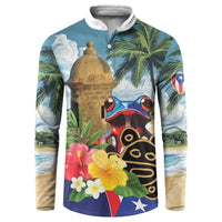 Turquoise button-up sweatshirt with coqui frog, palms, and Puerto Rico flag graphic