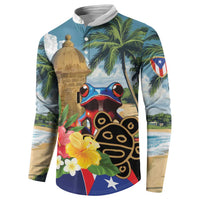 Turquoise button-up sweatshirt with coqui frog, palms, and Puerto Rico flag badge