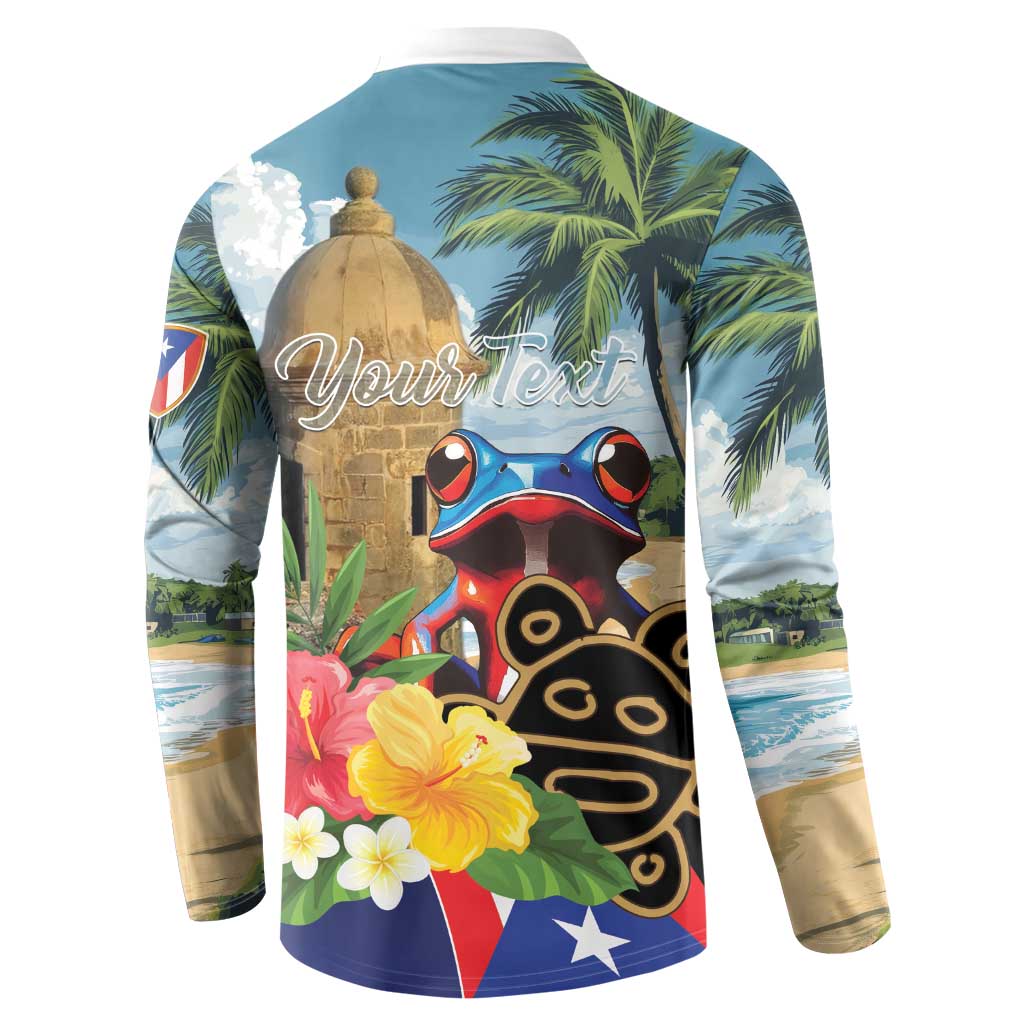 Back of turquoise button-up sweatshirt with coqui frog, palms, and 'Your Text' script