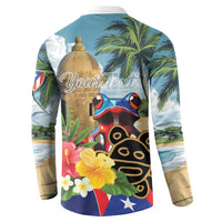 Back of turquoise button-up sweatshirt with coqui frog, palms, and 'Your Text' script