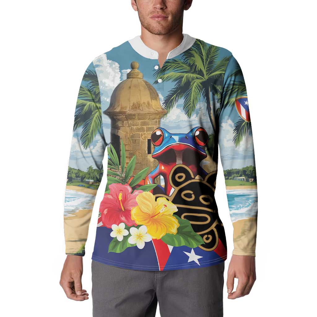 Turquoise button-up sweatshirt with colorful coqui frog, palms, and Puerto Rico flag graphic