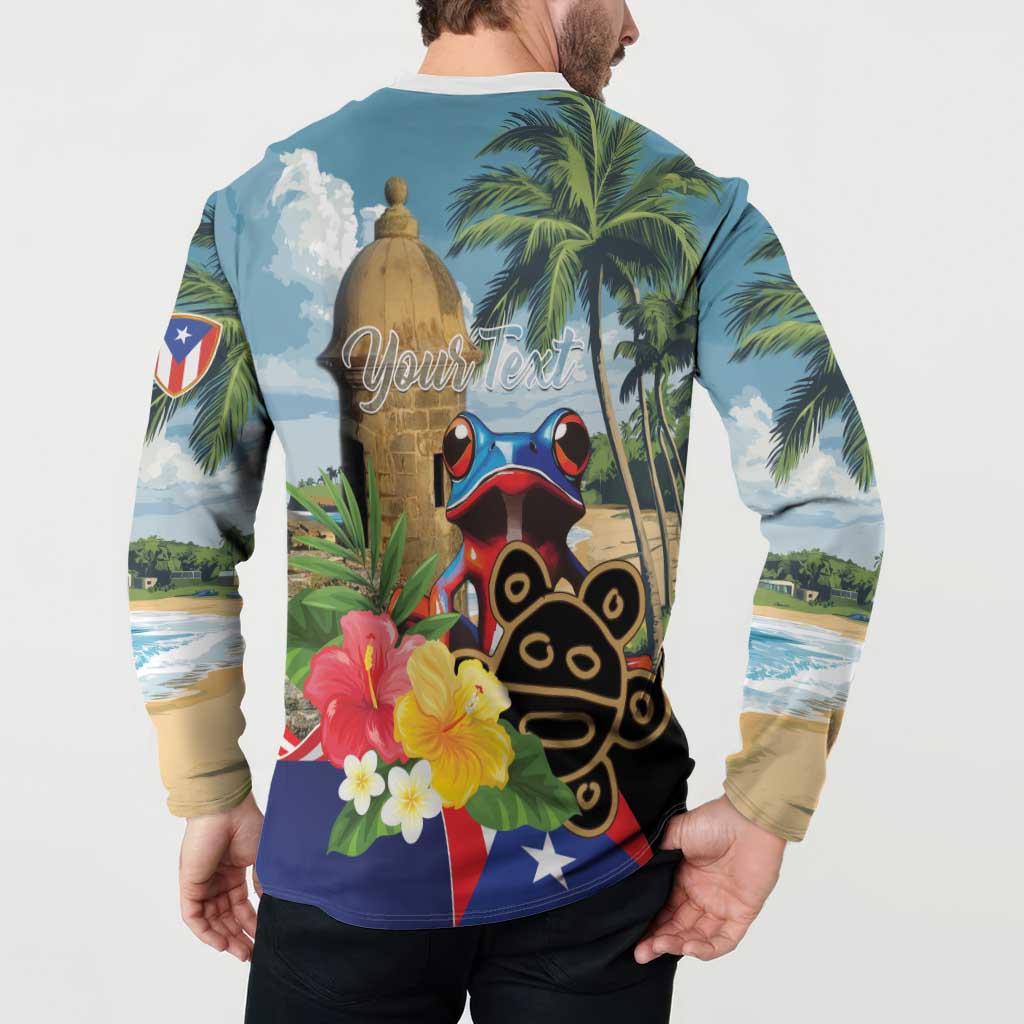Back of turquoise button-up sweatshirt with coqui frog and palms, 'Your Text' script