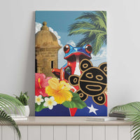 Colorful framed canvas wall art with coqui frog and turtle, palm leaves, flowers, and star