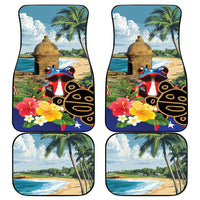 Set of four car floor mats with rounded corners, colorful Puerto Rico beach and coqui art