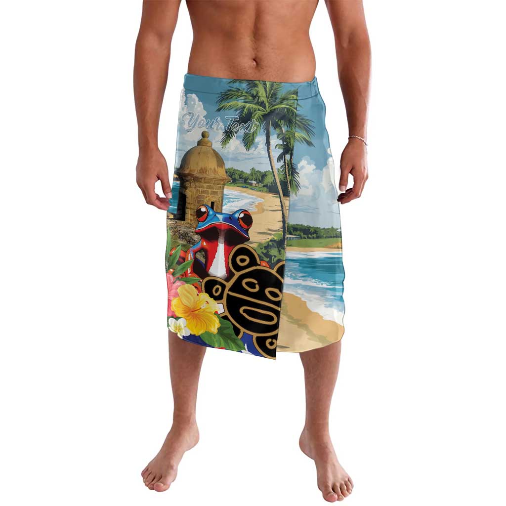 Personalized tropical print lavalava skirt with coqui and palm scene, blue waistband
