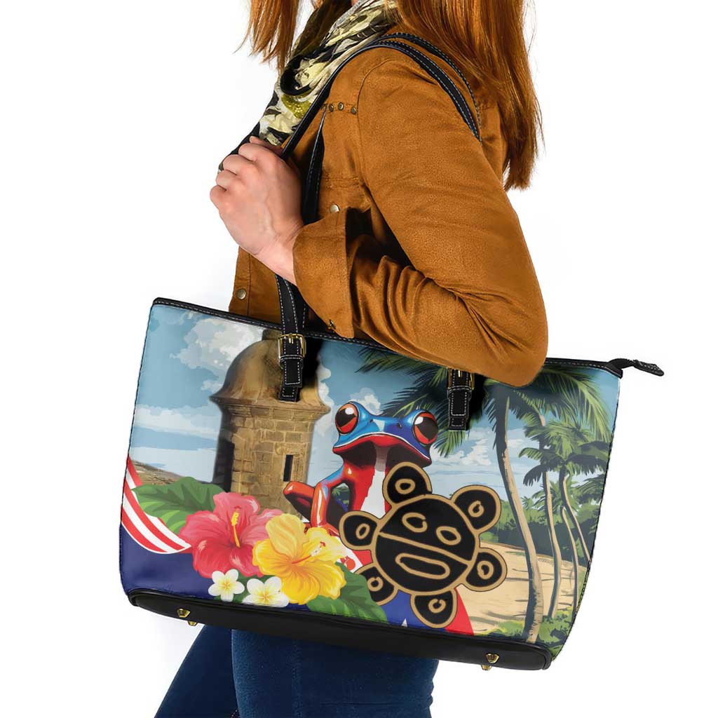 Personalized leather tote bag with zip top, colorful Puerto Rico scene print and black handles.