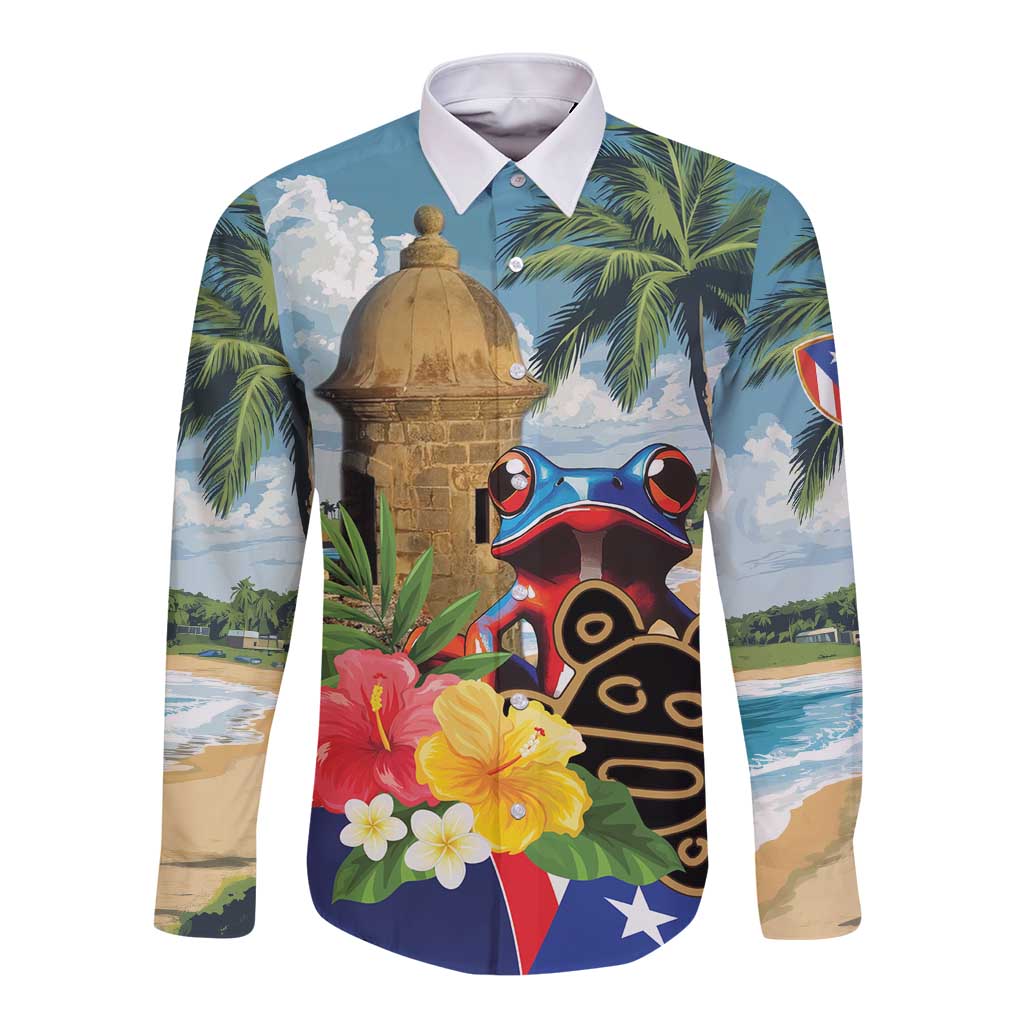 Unisex long-sleeve button shirt with colorful tropical coqui frog graphic and flowers