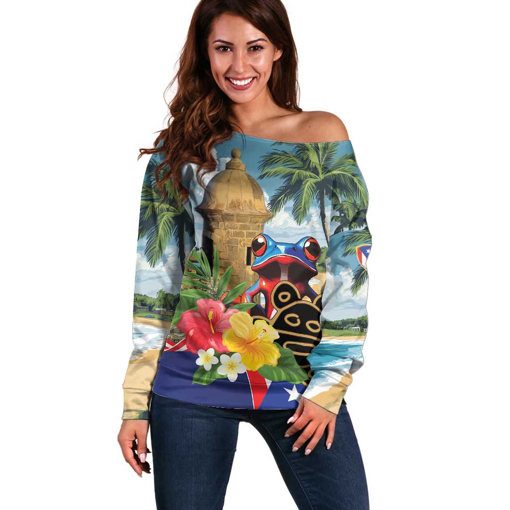 Personalized Boricua El Morro Off Shoulder Sweater Puerto Rico Sun Coqui